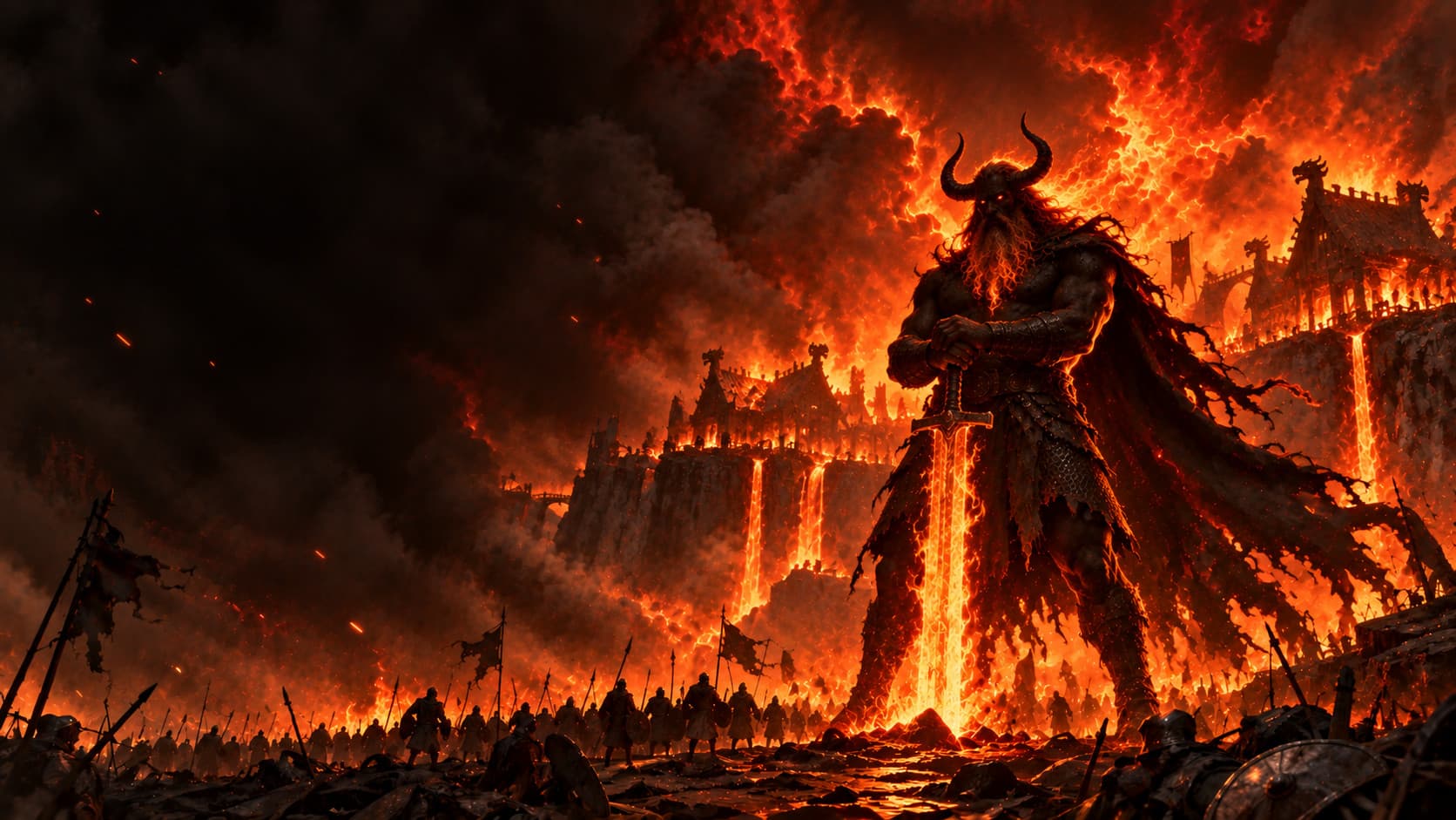 Surtr, the horned fire giant of Ragnarök, resting both hands on a blazing sword while a Norse hall burns and a tiny army stands at his feet.