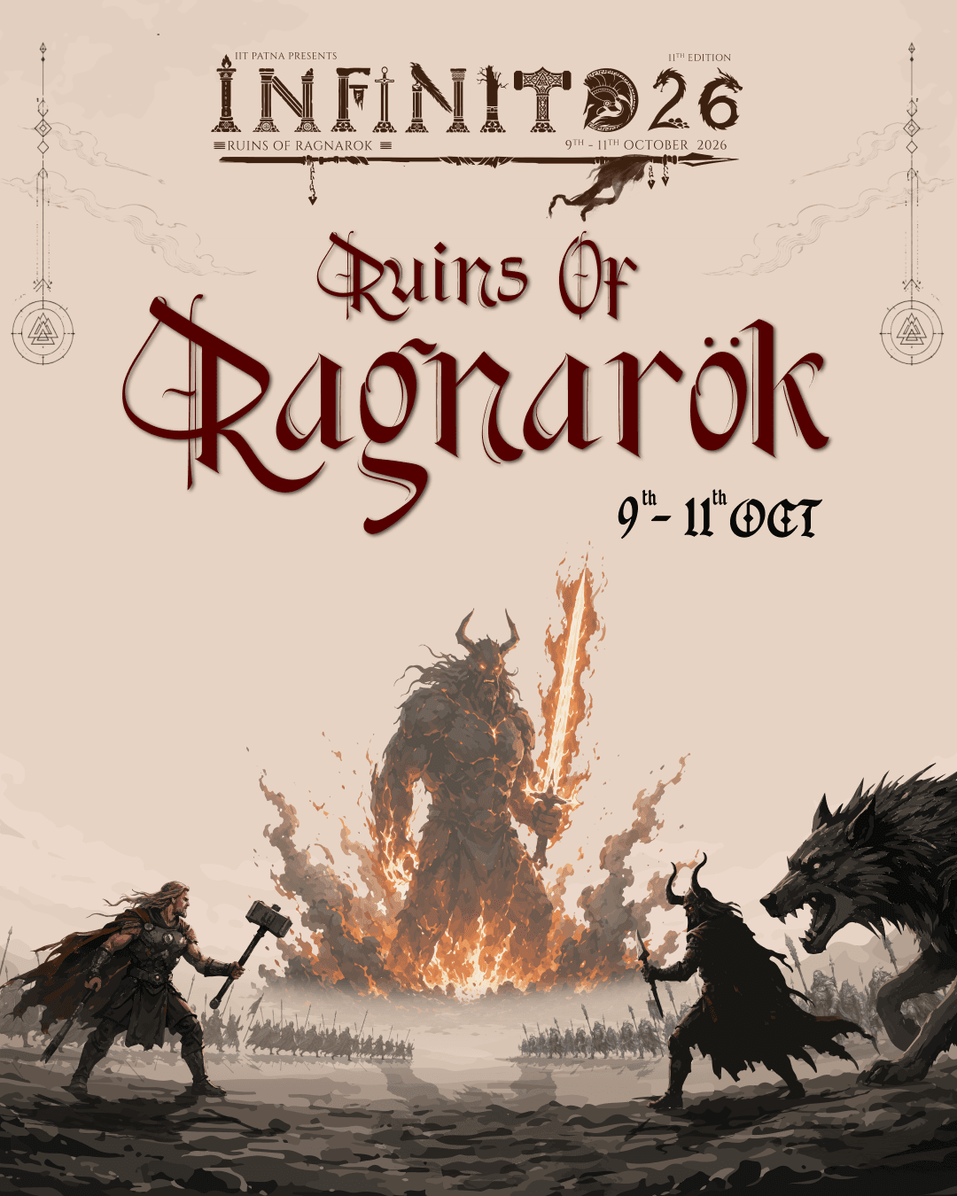 Infinito 2026, 11th edition, presented by IIT Patna. Ruins of Ragnarok, 9th to 11th October 2026. Warriors with hammer and spear face a wolf and a fire giant across a battlefield of ruins beneath a pale sky.